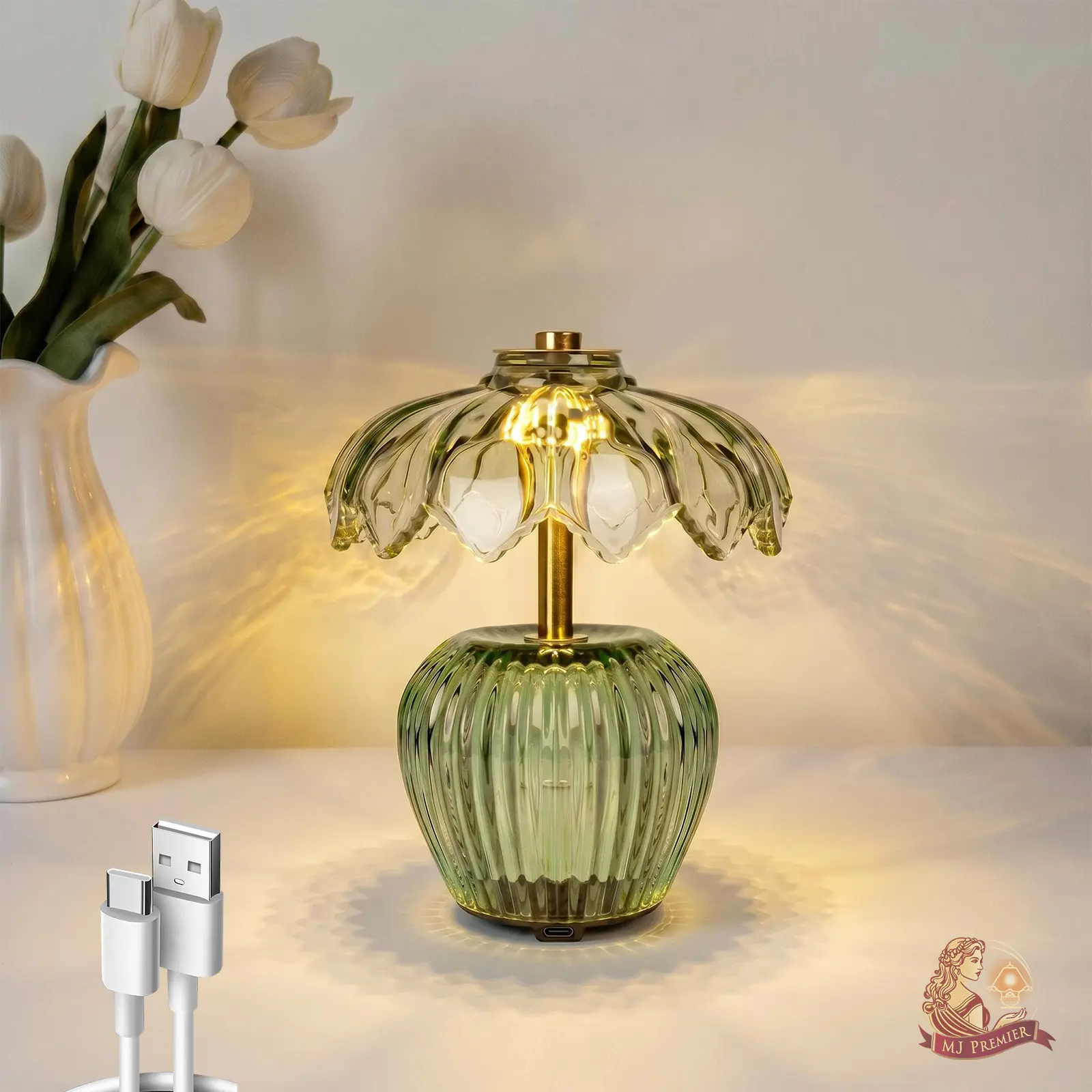 MJ PREMIER Rechargeable Cordless Table Lamp with Timer, Crystal Glass Flower Lampshade, Decorative LED Light for Bedroom, Living Room Shelf