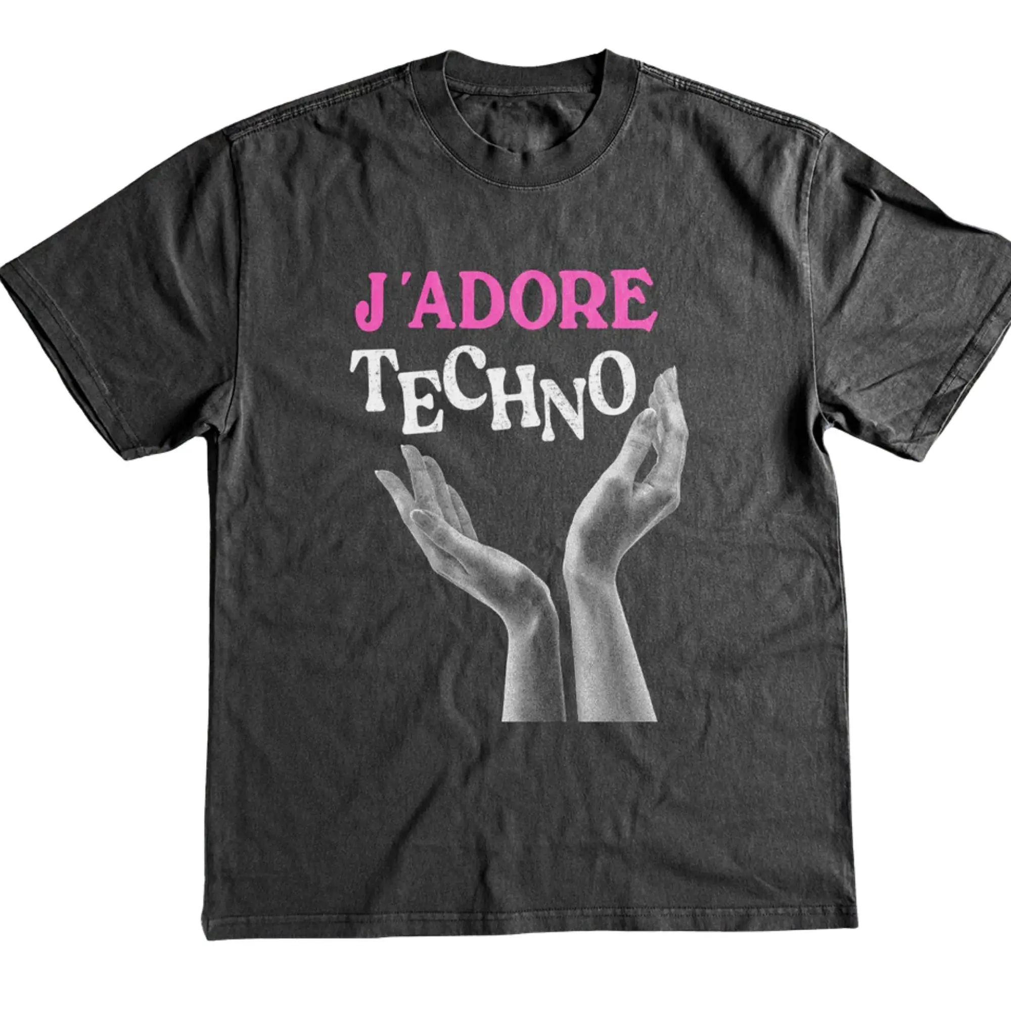 J'adore Techno Pink Text Silhouette Hands Raised Graphic T-Shirt, Minimalist Electronic Music Festival Stencil Halftone Print, Unisex Dark Charcoal Heavyweight Streetwear Tee, Rave Outfit