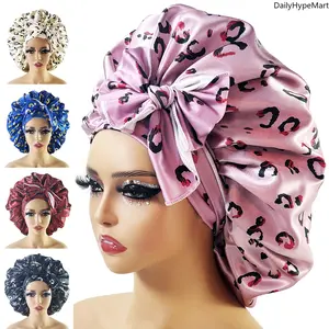 Black 21071 Wide Brim Printed Tie Bonnet, Large-Size Satin Hair Cap for Daily Hair Care