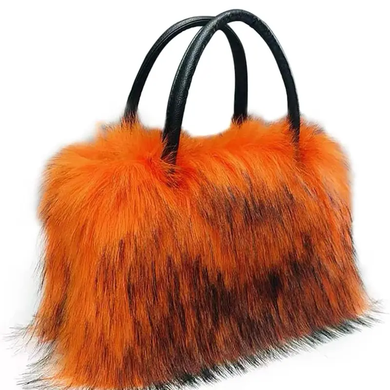 Faux Fur Tote Shoulder HandBag for Women - Orange Leopard Print Design with Black Leather Handles