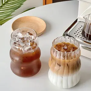 2 count Ribbed Glass Cups, 18 Oz  Drinking Glassware with Wave Shape Design, Bubble Cups for Iced Coffee, Juice, Beverage, Milk, , Bubble , and More