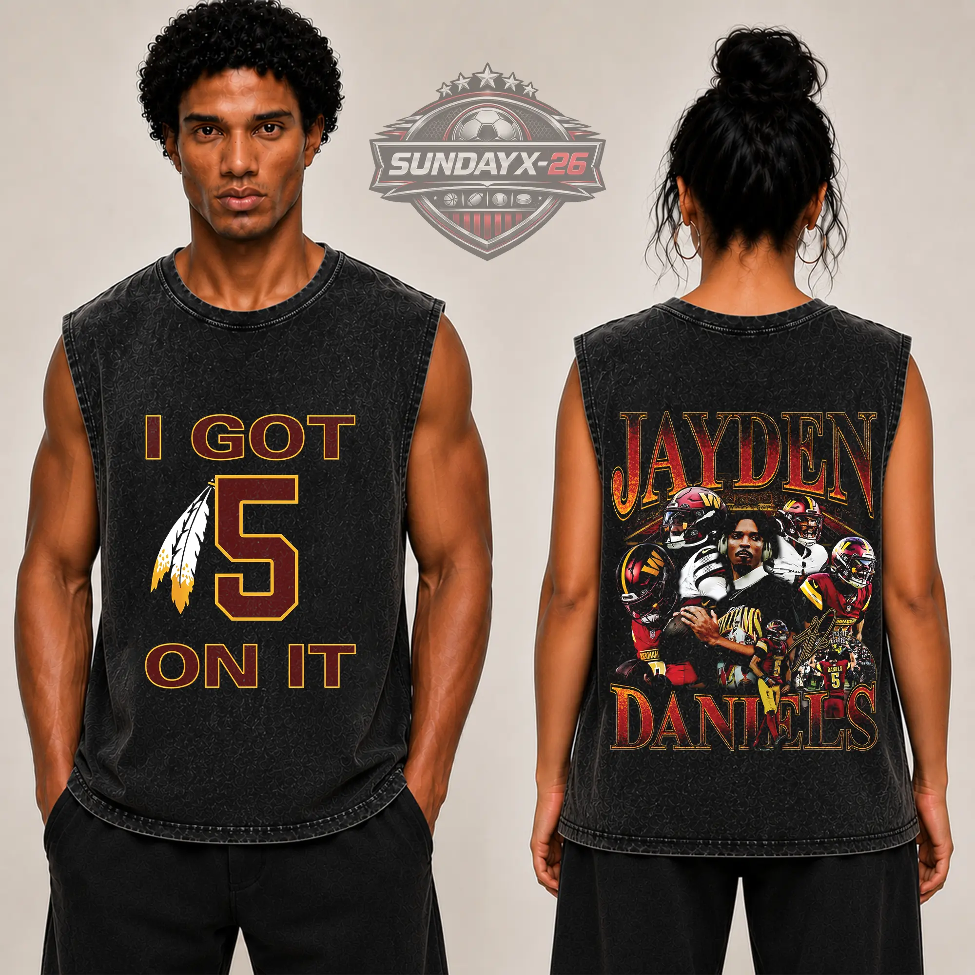 [X-26] Jayden Daniels 'I Got 5 On It' Graphic Premium Acid Washed Tank-Top (Made in US), Commanders Football Fans Fits High Quality 100% Cotton Sleeveless Shirt, Commanders Fans Outfit, Gift for Football Fans, Boyfriend