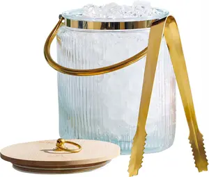 Glass Ice Bucket with Airtight Lid, Ice Tong Scooper and Handle - 3L Ribbed Beverage Tub   Bar Accessories, ,  - Chiller for Parties, Champagne Drink Tub Cooler with Hinged Handles