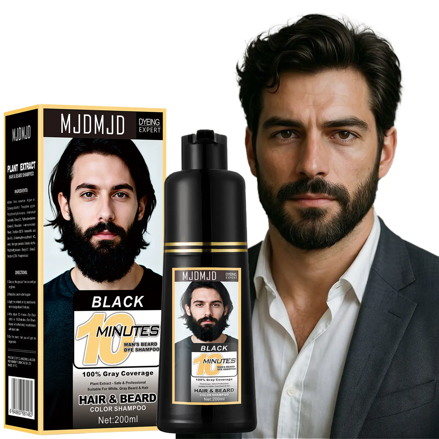 MJDMJD Men’s 3-in-1 Beard & Hair Coloring Shampoo - Single Item, Natural Plant-Based Black Semi-Permanent Color, Gentle on Skin & Beard, 5-10 Mins Instant Gray Root Touch Up, Easy Apply & Rinse, Long-Lasting Shine, At-Home Use, 200ML, Gentle On Skin And B