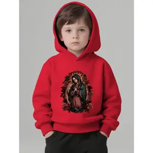 Our Lady of Guadalupe Boys'And Girls' Hooded Sweatshirt - Pink Catholic Religious Apparel with Virgin Mary & Our Lady of Guadalupe Print, Warm Long Sleeve Pullover for Fall/Winter