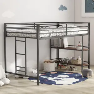 Twin Low Loft Bed Frame with Storage Shelves, Twin size Loft Bed Frame, Metal Twin Loft Bed Frame, Low Loft Bed, Black