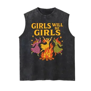 Girls Will Be Girls Retro Dancing Witch Bonfire Vintage Washed Tank 90s Graphic Sleeveless Tank Tops Vest Streetwear Outfits Vacation Outfits Sleeveless Shirt