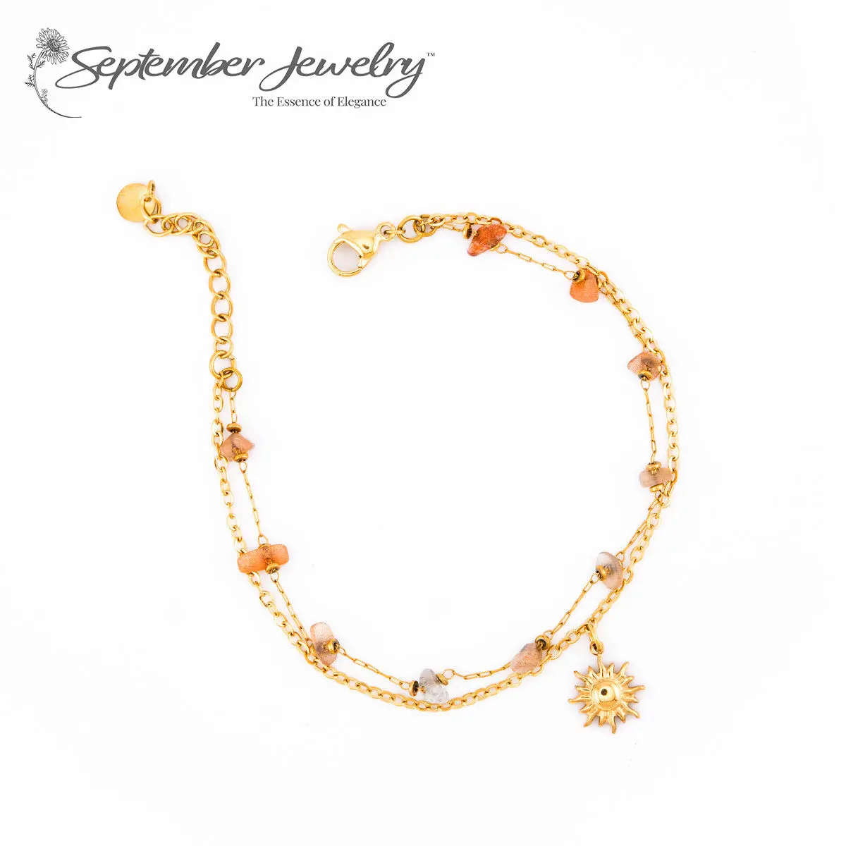 Sunstone Double Chain Bracelet with Pendant – 14K Gold Plated Stainless Steel | 6.5" + 2" Extension
