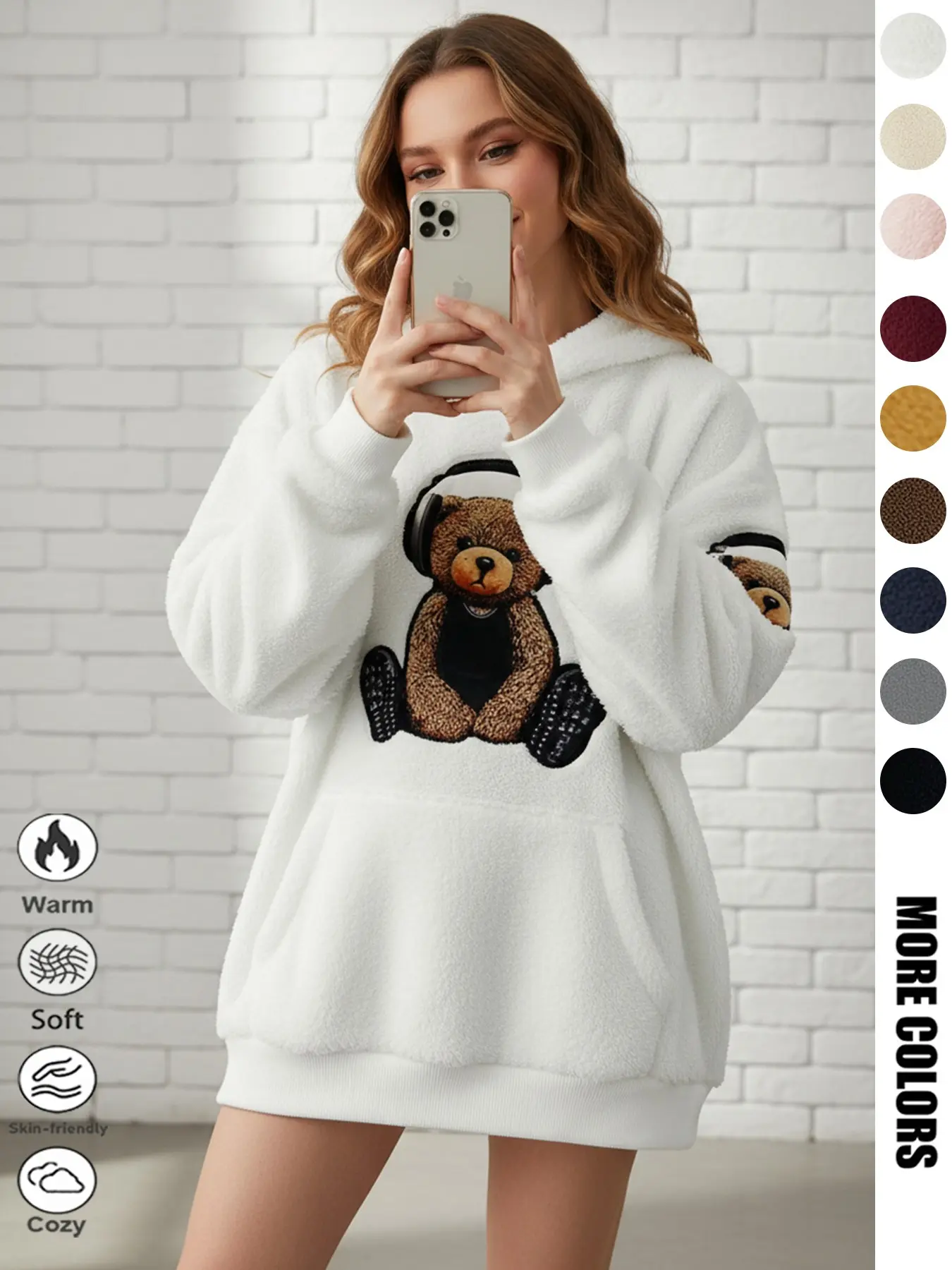 Women's Fall Winter Cute Bear Animal Pattern Hoodie Pullover Sweatshirt Top, Fleece Fabric, Casual Comfy Pullover, Casual Warm Soft Sportswear, Long Sleeve Loose Fit, Pockets, Home & Outdoor Wear