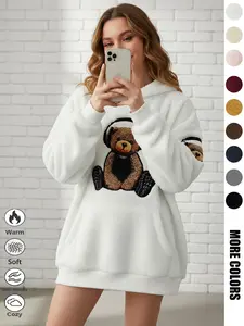 Women's Fall Winter Bear Pattern Hoodie, Fleece Fabric, Casual Warm Sportswear, Long Sleeve Loose Fit, Pockets, Home & Outdoor Wear