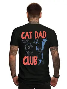Men's Cat Dad Print T-Shirt, Soft Cotton Casual Short Sleeve, Comfortable Home Wear, Cute Cat Lover Theme, Trendy Loose Fit