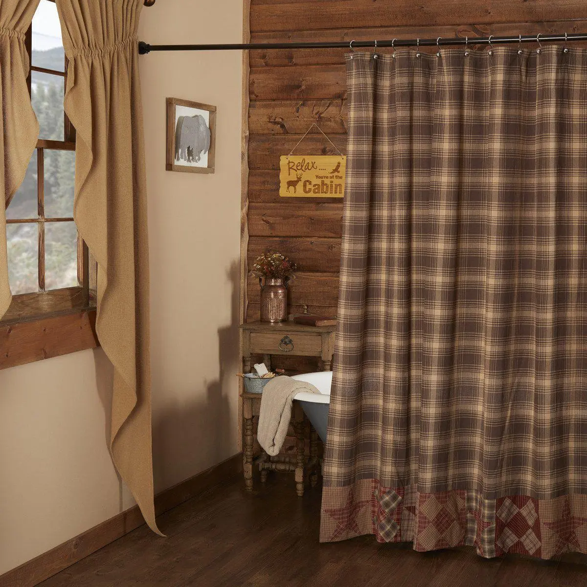 Rustic Woodland Brown Star Cotton Shower Curtain with Border, Bathroom Home Supply, Iron