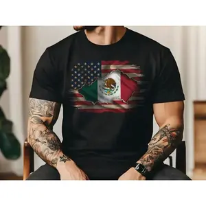 Mexican American Flag Mexican Roots Chicano Pride T-Shirt - 100% Ring-spun Combed Cotton Crew Neck with Classic Fit, Casual Style, Short Sleeve Crewneck Menswear