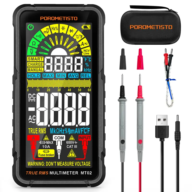 POROMETISTO MT02 Smart Clamp Meter 6000 Counts Rechargable Digital Multimeter Non-contact Voltage Tester AC/DC Voltage Meter LCD Screen Current Tester Electrical Tool Household Handheld Smart Multimeter
