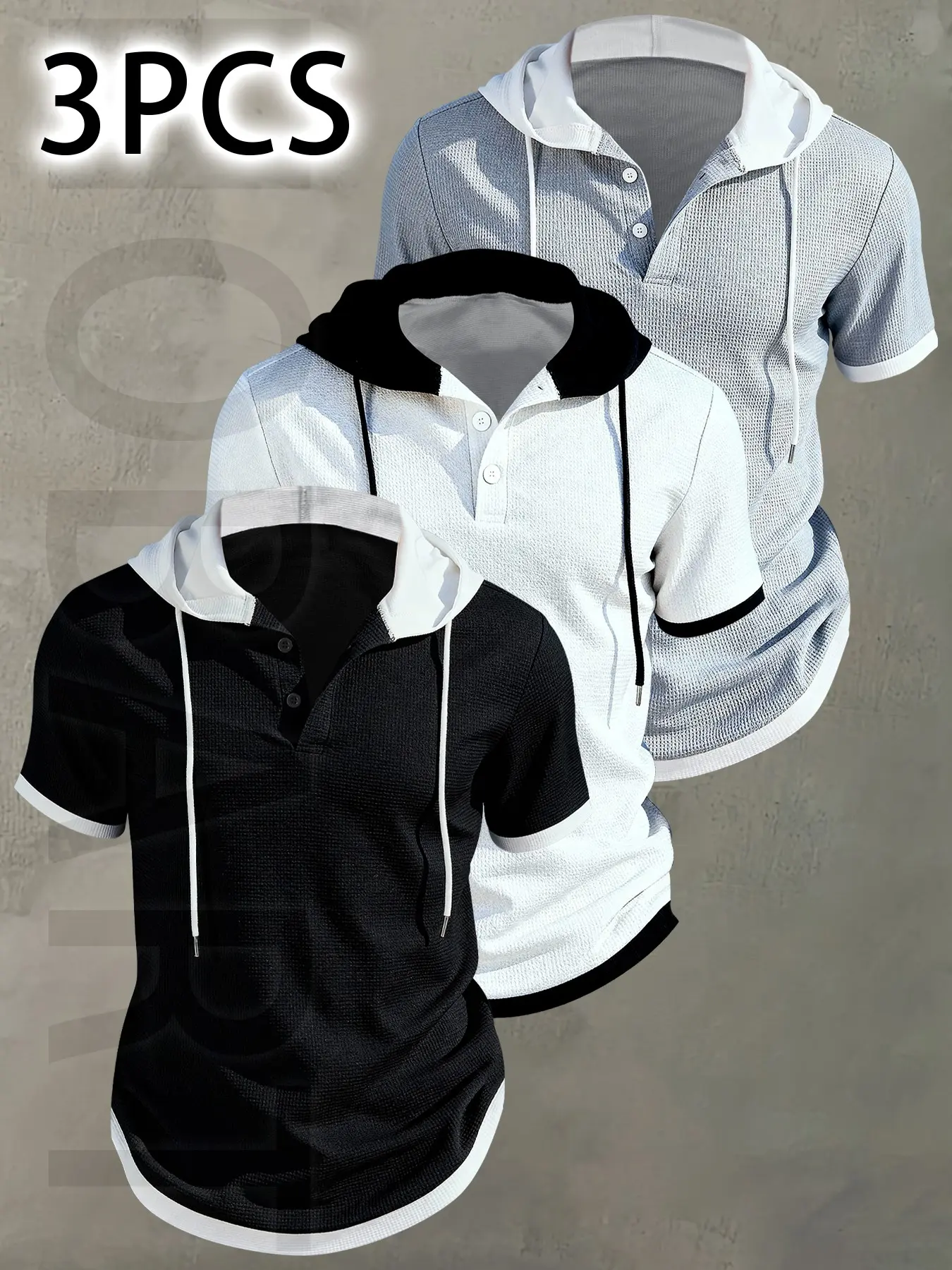 3pcs Men's Casual Short Sleeve Hooded Henley Shirt - Textured Waffle Knit & Contrast Color Block Design with button, Breathable Summer Outdoor Sportswear, Machine Washable Regular Fit, Henley Placket Design, classy men's fashion hoodie.