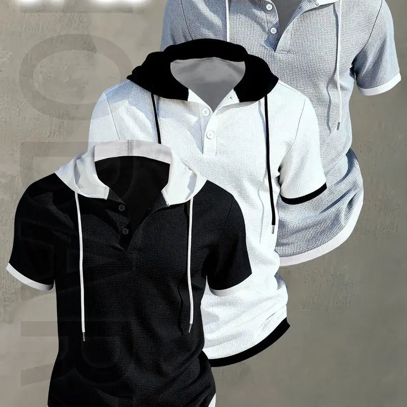 3pcs Men's Casual Classic Short Sleeve Hooded Henley Shirt Tops - Textured Waffle Knit & Contrast Color Block Design with button, Breathable Summer Outdoor Sportswear, Machine Washable Regular Fit, Henley Placket Design, Casual Streetwear Looks