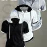 3pcs Men's Casual Classic Short Sleeve Hooded Henley Shirt Tops - Textured Waffle Knit & Contrast Color Block Design with button, Breathable Summer Outdoor Sportswear, Machine Washable Regular Fit, Henley Placket Design, Casual Streetwear Looks