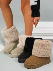 Women's Fuzzy, Solid Color, Flat Sole, Plush Lined, Casual Warm Boots, Winter Snow Boots, Comfortable Warm Shoes for Cold Weather