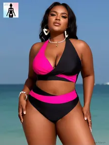 2026 Color Block Twist Front High Waist Bikini Set Two-Piece Halter Neck Swimsuit with Flattering Tummy Control and Full Coverage Plus Size Curvy Women’s Elegant, Chic Swimwear — Spring Break/Summer Vacation Beach Pool Party — Removable Padding