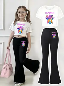 Girls Kpop Demon Hunters Korean Fashion Short Sleeve Bell Bottom Set, Casual Cartoon Print T-Shirt & Pants, Spring Summer