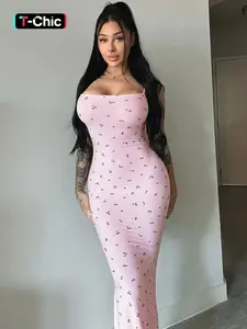 Cherry Print Sleeveless Bodycon Slip Dress Summer Vacation Party Club Long Dresses For Women