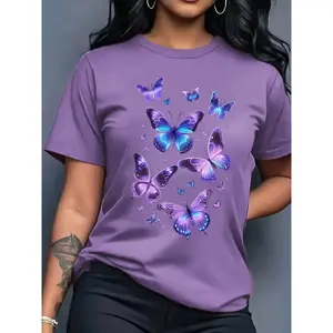 100% Cotton Women's Purple Butterfly Print T-Shirt - Four Seasons Casual Short Sleeve Round Neck Top, Breathable Comfortable Style, Bright Blue and Pink Butterfly Design, Machine Washable, Medium Stretch Fashion Fabric Fit