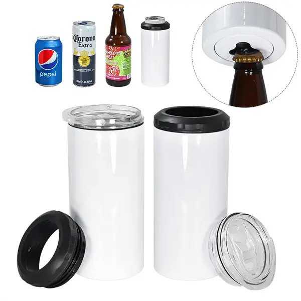 16oz 4 in 1 Sublimation Cooler with Beer Opener Stainless Steel Vacuum Insulated Tumbler with 2 Lids Cola Beer Cooling Can Drinkware Flasks