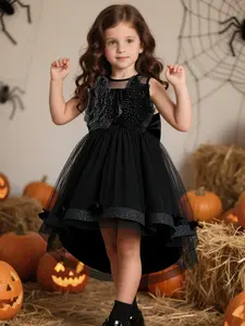 Girls' black dress with a train and elegant butterfly embroidery decoration suitable for birthday parties and piano concerts Appliques Sleeveless Dress