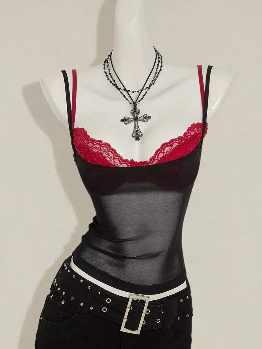 SHANIAH Women Elegant Red Sheer Camisole Top Paired With Black Lace Spaghetti Strap Top