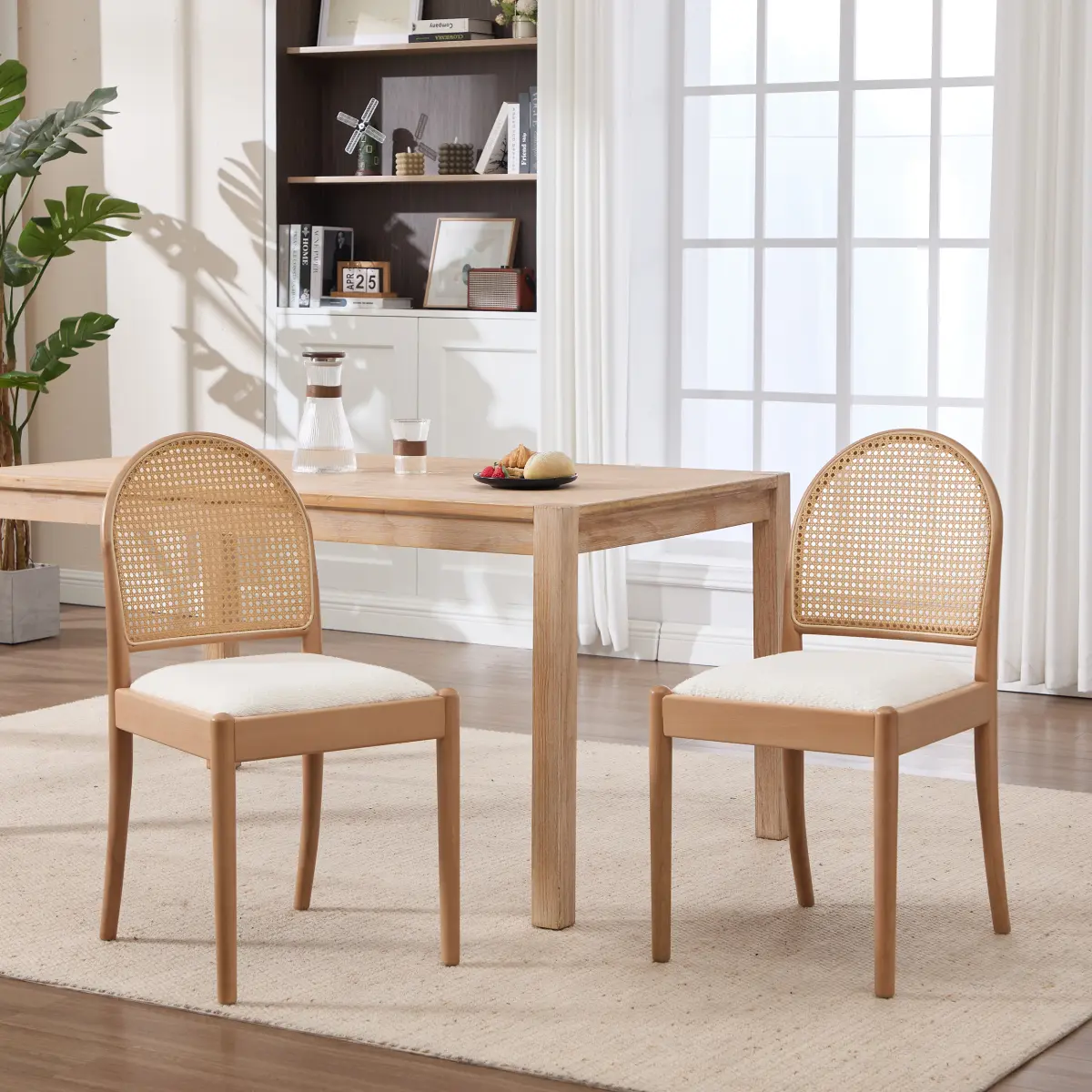 [Bellemave] Rattan Dining Chairs Set of 2, Upholstered Linen Dining Room Chairs with Backrests, Modern Kitchen Chairs with Wood Legs for Dining Room