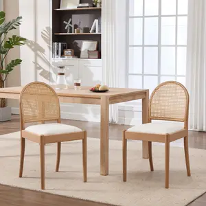 [Bellemave] Rattan Dining Chairs Set of 2, Upholstered Linen Dining Room Chairs with Backrests, Modern Kitchen Chairs with Wood Legs for Dining Room