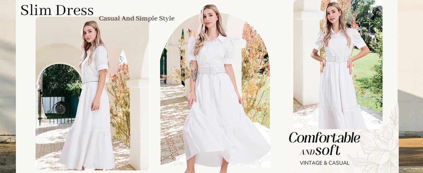 EBOSSY Women's Striped Button-Down Shirt Dress, Casual Puff Short-Sleeve Ruffle Hem Maxi Dress with Belt for Summer-Spring Casual Wear, Womenswear Stripe Pattern Design EBOSSY Women's Striped Button-Down Shirt Dress, Casual Puff Short-Sleeve Ruffle Hem Maxi Dress with Belt for Summer-Spring Casual Wear, Womenswear Stripe Pattern Design