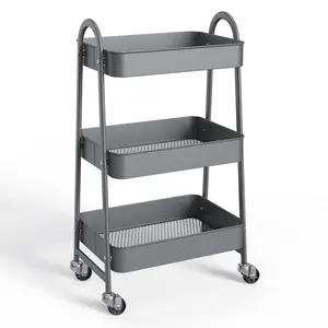 3 Tier Utility Rolling Cart, Metal Storage Cart with Handle and Lockable Wheels, Multifunctional Storage Organizer Trolley with Mesh Baskets for Kitchen, Living Room, Office, Garage Gray 3 Tier Rolling Cart with Table top, Metal Rolling Utility Cart