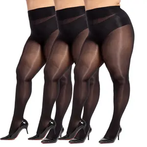 LADYFAN 3 Pairs Women's Plus Size Oil Shiny Sheer Pantyhose High Waist Shimmer Stockings Nylon Silky Tights Black Flare Leggings Dressy Elastic Womenswear