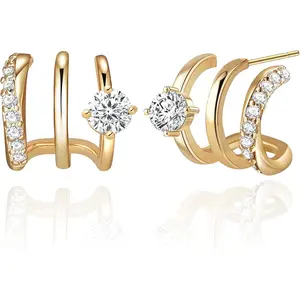 14K Gold Plated Hoop Earrings for Women Triple Huggie Illusion Stud Earring |   Double Huggie Hoop Earrings for One Hole |   Claw Ear Cuff Earring Jewelry Gift for Women