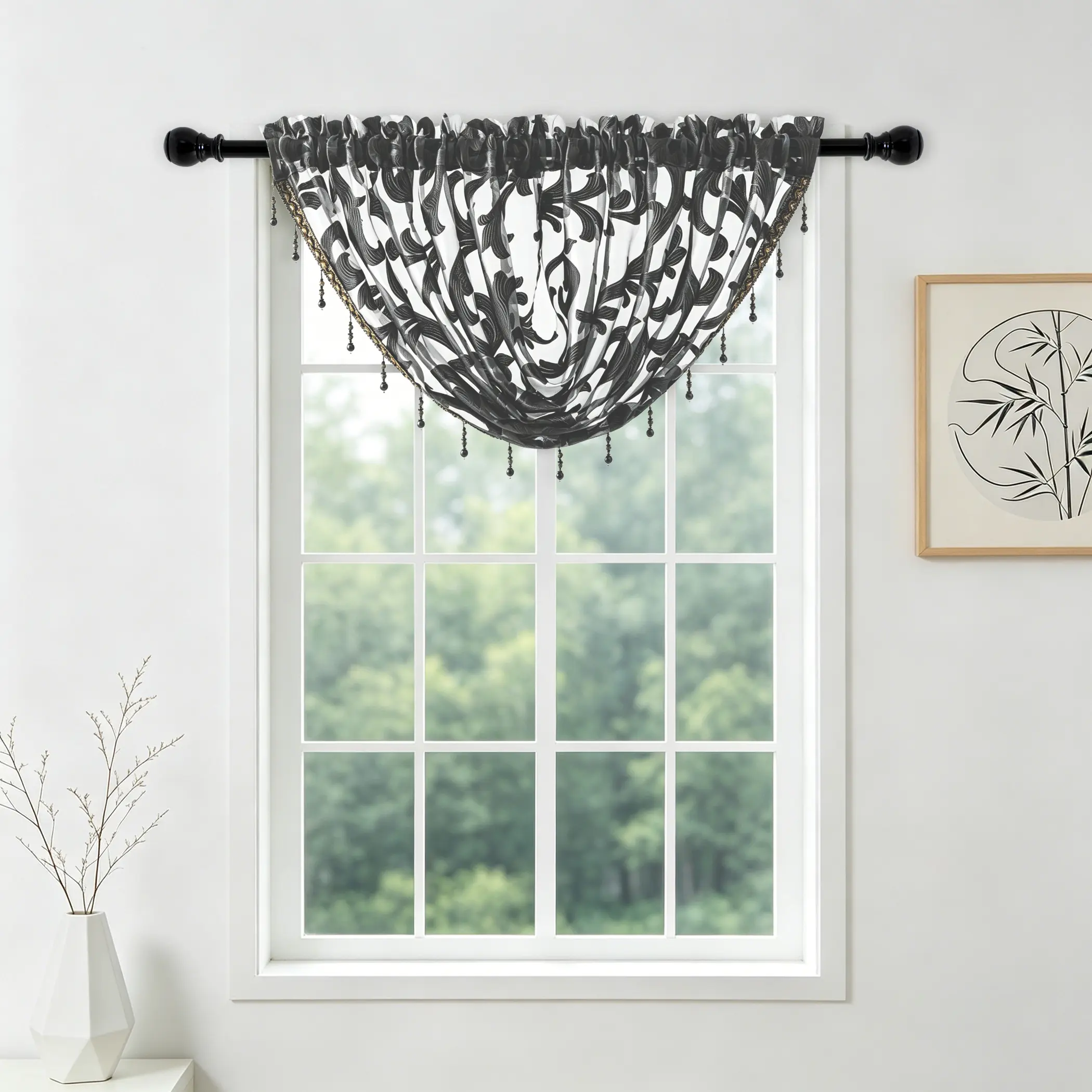 1-Panel French Elegant Polyester Floral Print Gauze Valance, Rod Pocket Tassel Curtain Header for Small Windows, Bathroom Decor Ideas & Home Kitchen Textile Accessories