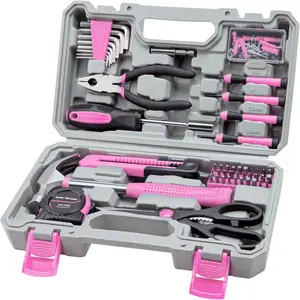 Tool Set General Household Hand Tool Kit with Plastic Toolbox Storage Case Pink