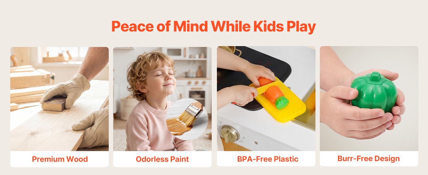 VEVOR Play Kitchen for Kids, Wooden, Kids Kitchen Playset with Real Lights & Sounds, Food & Cookware Accessories, Pretend Play Toy Set, Sink, Oven, Stove, Cabinet, for Toddlers, Girls & Boys Ages 3-8