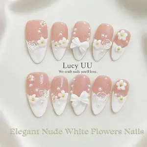 【Lucy UU】Romantic Floral Press-On Nails Collection 3D Shell Bow Vine Accents Nude Pink Gradient Handmade Reusable Shimmery Flower Manicure
