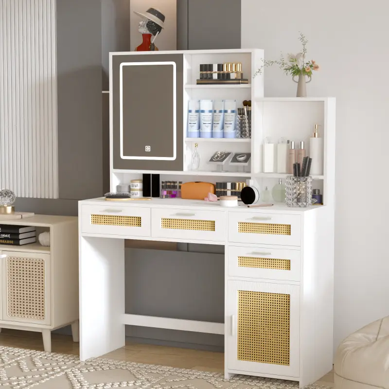 [SOIYELIFE] Multi-Functional Rattan Vanity Dresser with 3-Color LED Lights, 4 Drawers, Cabinet & Shelves, Perfect for Bedroom