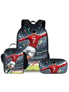 Football Elements Pattern Printed 17-inch Backpack Three-piece Set (Single-layer Backpack + Shoulder Strap Lunch Bag + Single-layer Pencil Bag) Casual Printed Backpack For Sports