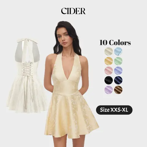 Cider Jacquard Sculptural Halter V-neck Lace Up Backless Ruffle Mini Dress