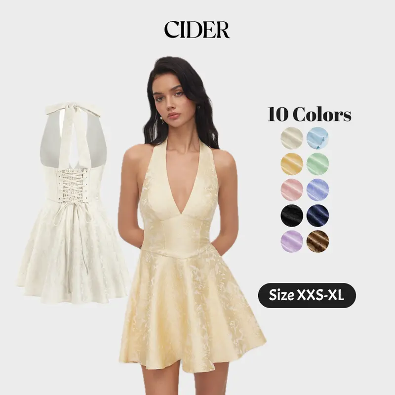 Cider Jacquard Sculptural Halter V-neck Lace Up Backless Ruffle Mini Dress