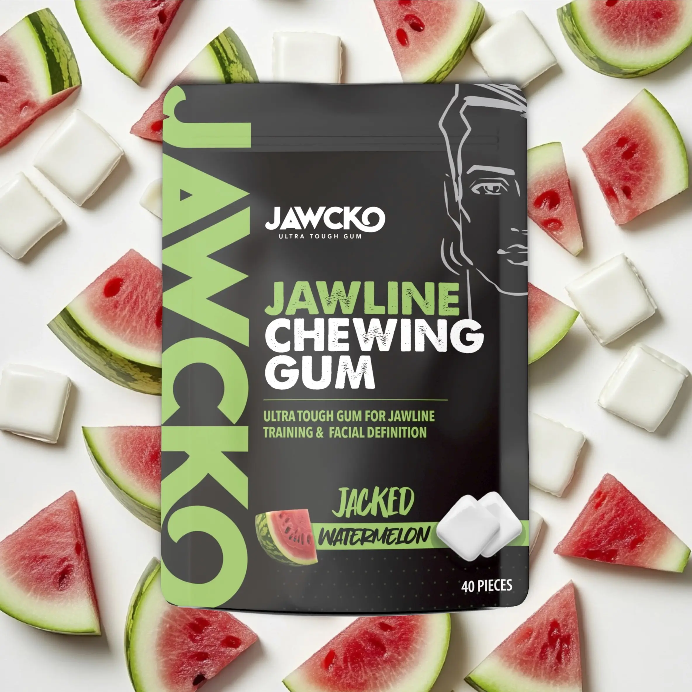 JAWCKO Ultra-Tough Jawline Gum | Get a Stronger, Squarer Jawline | 15X Strength | Watermelon Jaw Training Facial Fitness Hard Chewing Gum (40 Pieces)
