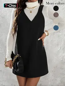 Women's Solid Color Corduroy Fitted Vest Dress without Sweater, Aesthetic Casual Sleeveless Straps Short Dress for Daily Wear, Ladies Clothes for All Seasons