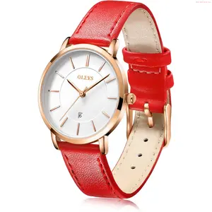 OLEVS Watch OLEVS Watches for Women Waterproof Wristwatches Analog Quartz Ultra Thin Red Watches Leather Strap Watches with Date Calendar Watches,Gifts for Women