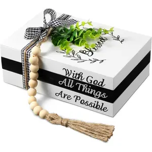 3 count Decorative Books for Home Decor Farmhouse Faux Stacked Books Wooden Rustic Table Decor with Bead Garland Twine Ribbon Faux Leaf for Table(Blessed)