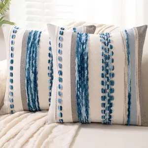Boho Throw Pillow Covers 18x18 Set of 2 Farmhouse Decorative Striped Square Chenille Pillow Covers Accent Neutral Pillowcase for Sofa Couch Bed, Sky Blue