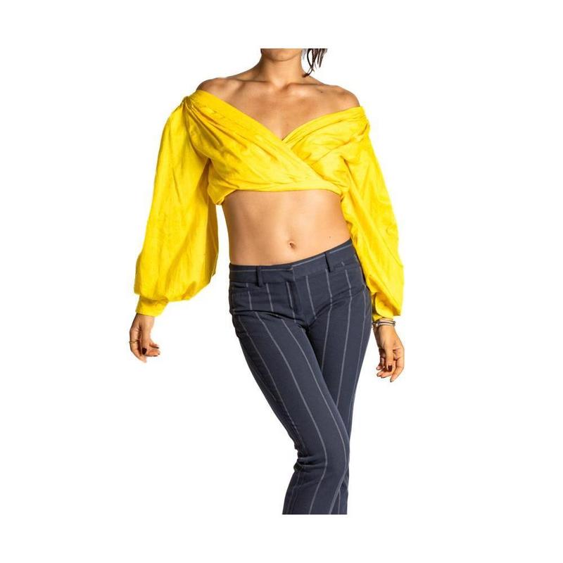 1970S LANVIN Canary Yellow Crisp Cotton Blouse With Full Bare Shoulder Sleeves