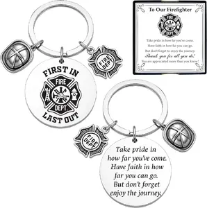 Firefighter Retirement Gift for Dad Husband – Keychain with First In Last Out Badge Fire Helmet, Inspirational Message Card & Gift Box – Gifts for Fireman Chief Fire Captain Hero After Years Service